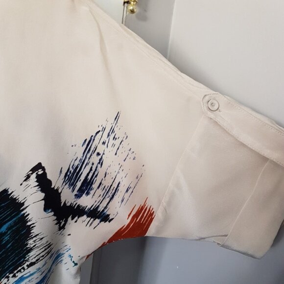 BCBG Maxazria Silk Jayne Abstract Print Short Sleeve Blouse Multi Color Top Sz S - Picture 4 of 10